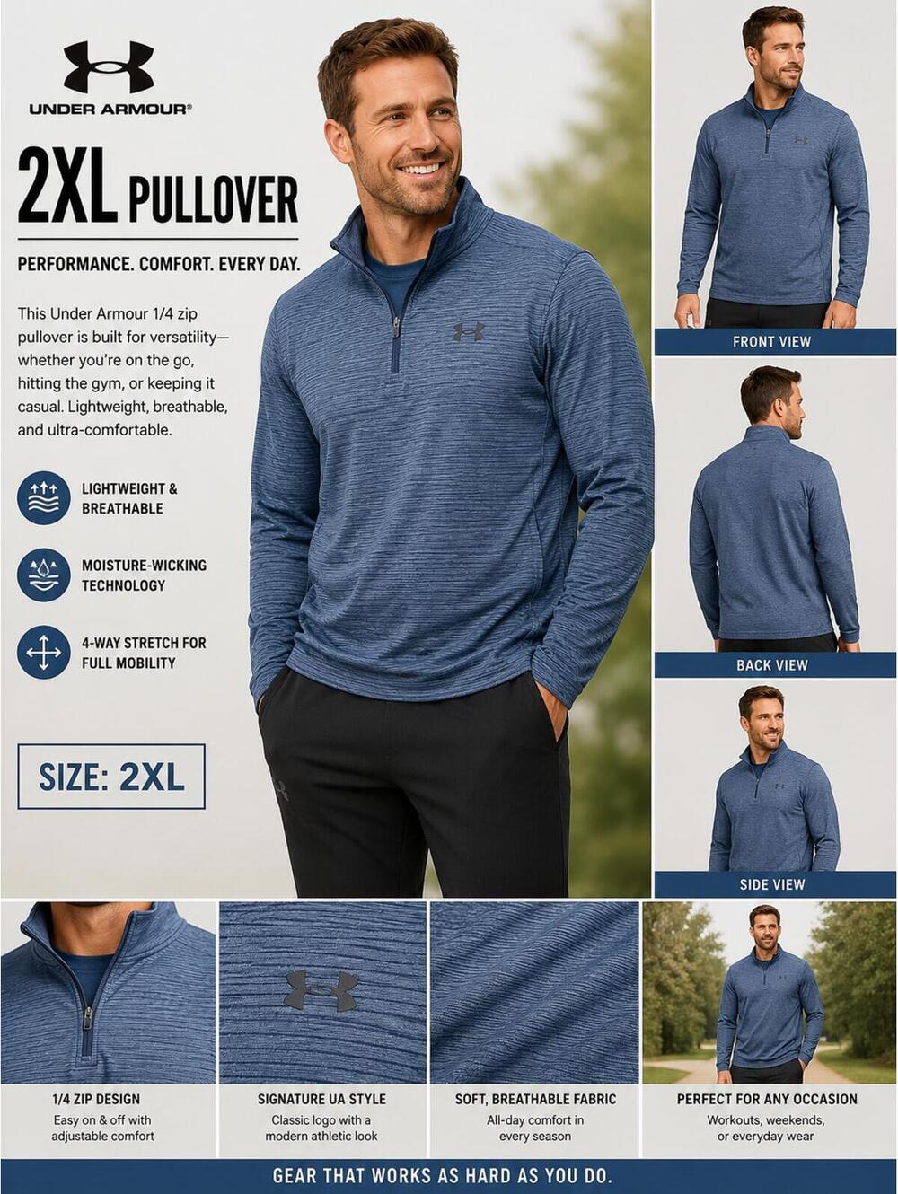 Under Armour Men’s 2XL 1/4 Zip Pullover Blue Long Sleeve Performance Top